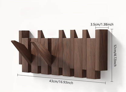 Foldable Piano Key Wooden Wall Hooks – Solid Wood 6-Hook Coat Rack, Space-Saving Entryway Hanger in Natural or Walnut