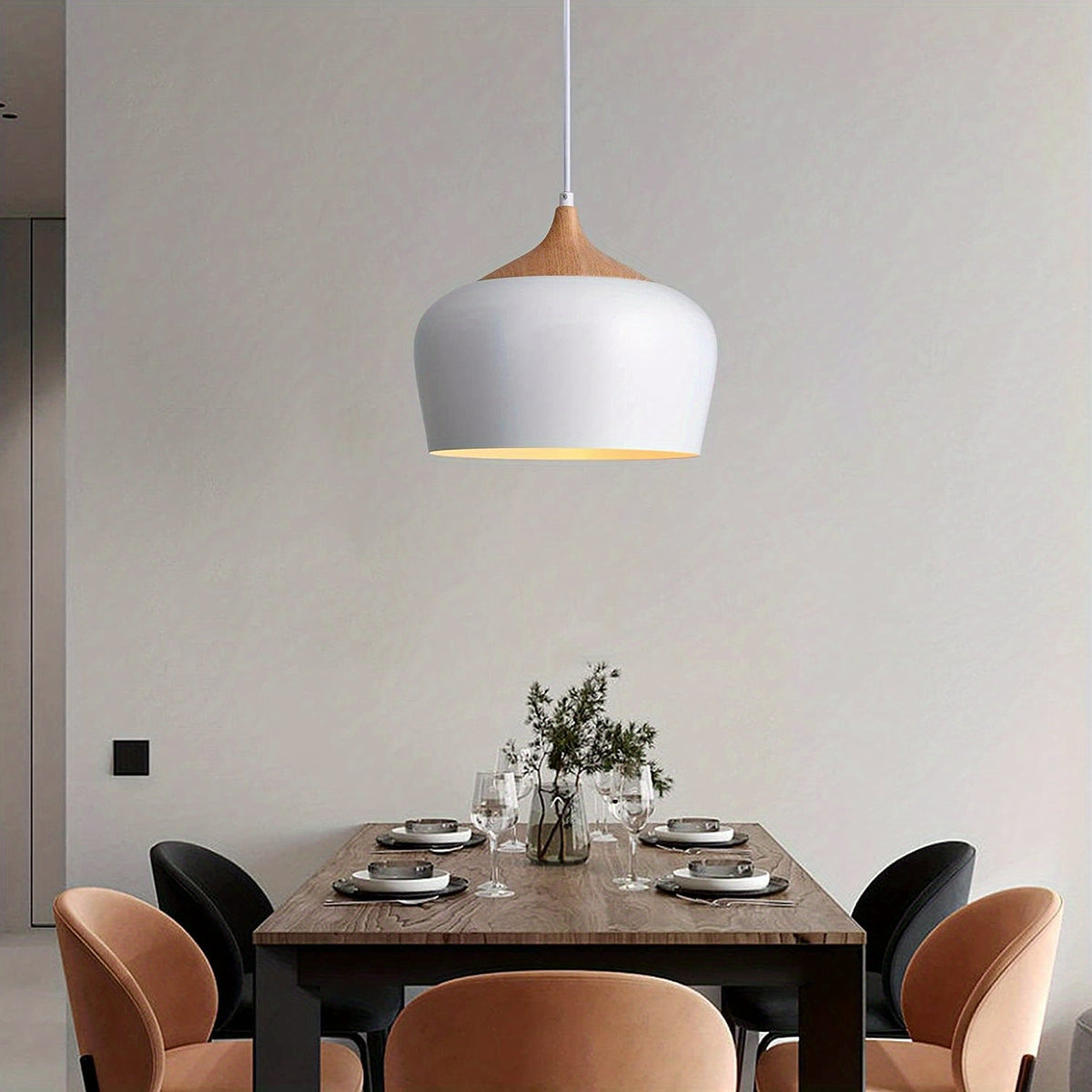 Modern Scandinavian Iron & Wood Grain Pendant Light – Matte Metal Dome Hanging Lamp for Kitchen Island, Dining & Living Room