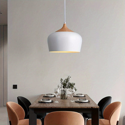 Modern Scandinavian Iron & Wood Grain Pendant Light – Matte Metal Dome Hanging Lamp for Kitchen Island, Dining & Living Room