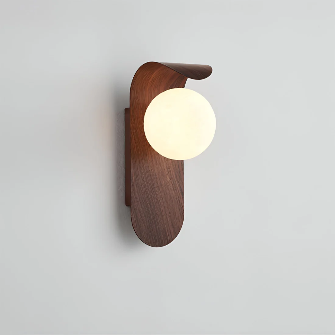 Icar Scandinavian LED Wall Lamp – Curved Wood & Frosted Glass Globe Wall Sconce, G9 Warm Light in Natural Wood or Walnut