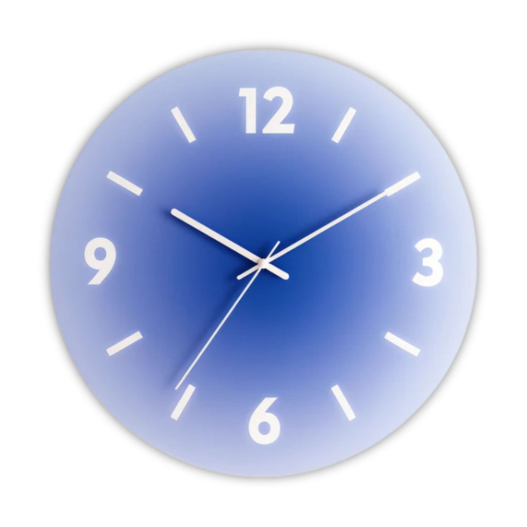 Sunset Gradient Glass Wall Clock – Silent Modern Tempered Glass Clock in Orange, Blue or Purple, With or Without Numbers