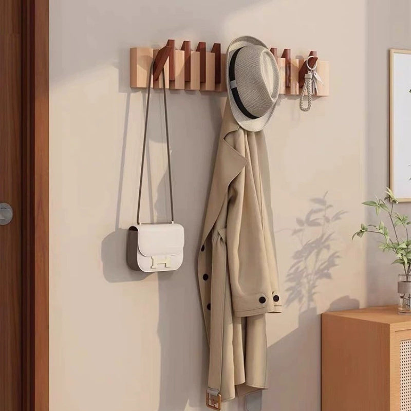 Foldable Piano Key Wooden Wall Hooks – Solid Wood 6-Hook Coat Rack, Space-Saving Entryway Hanger in Natural or Walnut