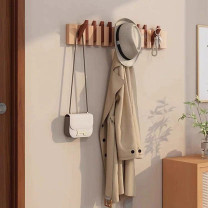 Foldable Piano Key Wooden Wall Hooks – Solid Wood 6-Hook Coat Rack, Space-Saving Entryway Hanger in Natural or Walnut
