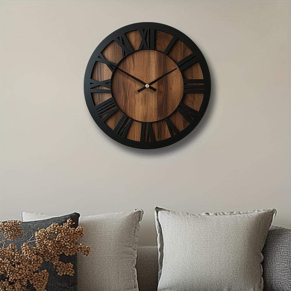 Vintage Wooden Roman Numeral Wall Clock – Large Silent Rustic Farmhouse Clock, 14, 16 or 18 Inch for Living Room & Kitchen