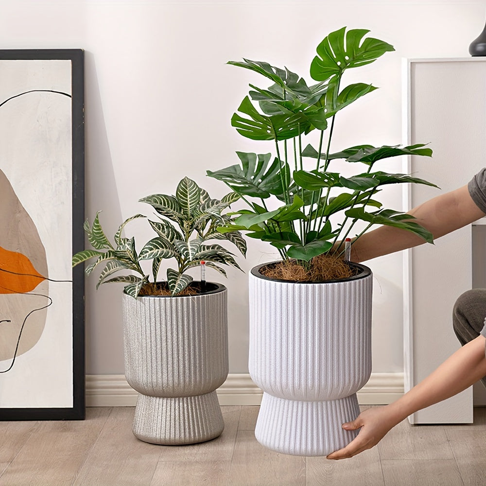 White Self-Watering Flower Pot with Water Level Indicator – Modern Wine Glass Shaped Indoor Planter for Houseplants