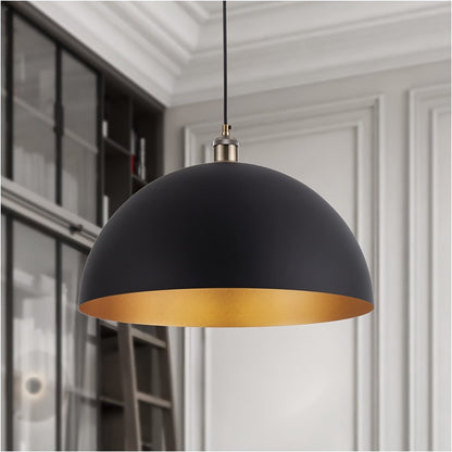 Vintage Industrial Dome Pendant Light – Black & Gold Iron Shade Hanging Lamp with Adjustable Cord for Kitchen Island & Dining