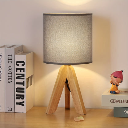 Nordic Wooden Tripod Table Lamp – Solid Wood Base with Linen Fabric Shade, Cozy Scandinavian Bedside & Living Room Lamp