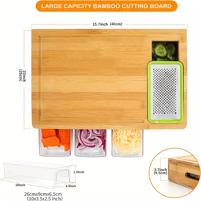 Bamboo Cutting Board with Built-In Storage Trays & Graters – Multifunctional Kitchen Prep Station with 4 Interchangeable Blades