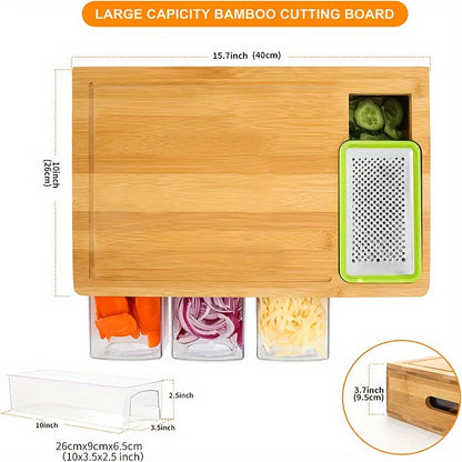 Bamboo Cutting Board with Built-In Storage Trays & Graters – Multifunctional Kitchen Prep Station with 4 Interchangeable Blades