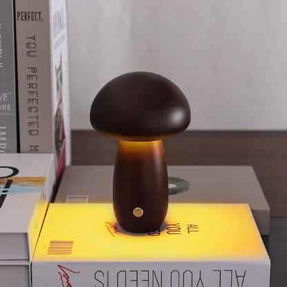Portobello Natural Wood Mushroom Lamp – Rechargeable Touch-Dimmable Bedside Night Light, 6-8 Hour Battery, Walnut or Wood