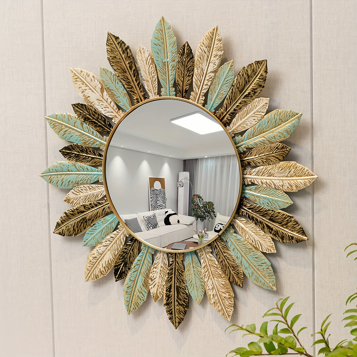 Bohemian Sunburst Wall Mirror – Teal & Gold Metal Leaf Decorative Round Mirror for Living Room & Entryway