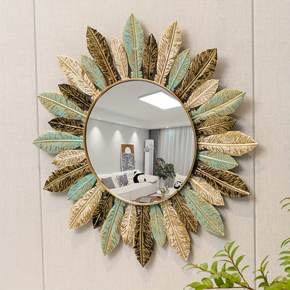 Bohemian Sunburst Wall Mirror – Teal & Gold Metal Leaf Decorative Round Mirror for Living Room & Entryway