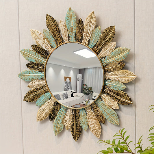 Bohemian Sunburst Wall Mirror – Teal & Gold Metal Leaf Decorative Round Mirror for Living Room & Entryway