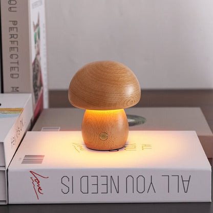 Portobello Natural Wood Mushroom Lamp – Rechargeable Touch-Dimmable Bedside Night Light, 6-8 Hour Battery, Walnut or Wood