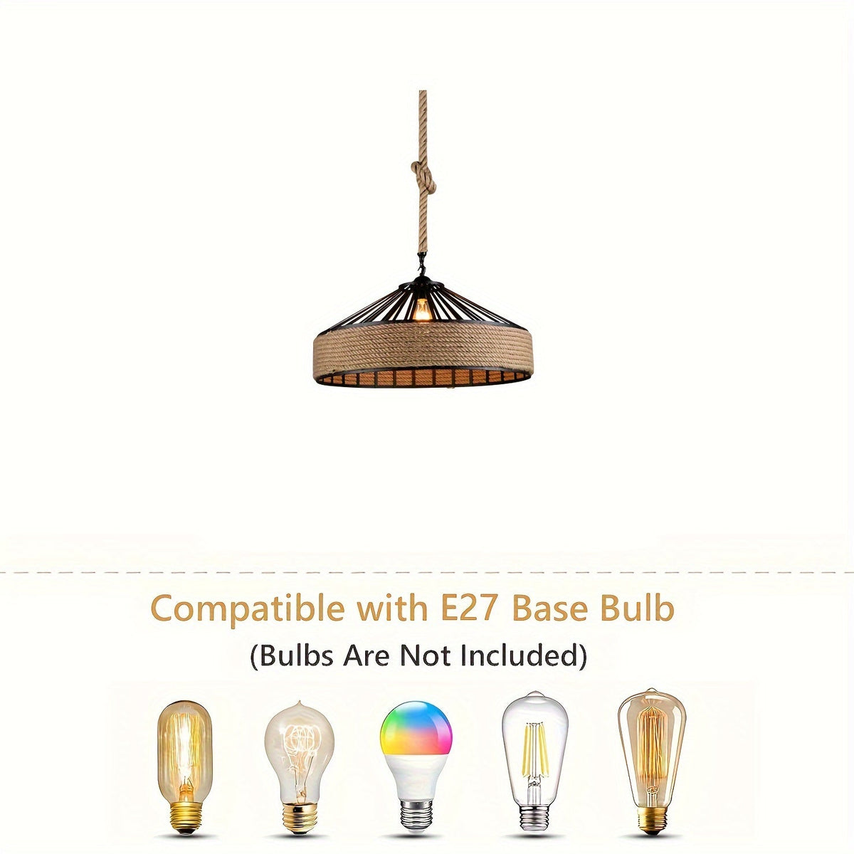 Rustic Hand-Woven Hemp Rope Pendant Light – Vintage Farmhouse Ceiling Lamp with Metal Frame & Adjustable Cord