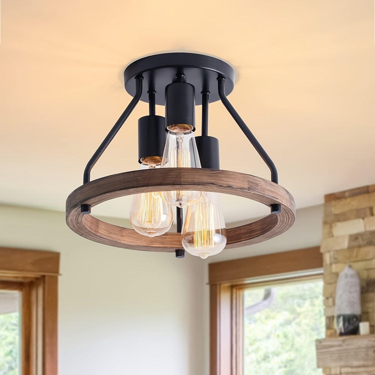 Industrial Wood Ring 3-Light Ceiling Fixture – Rustic Black Metal Semi-Flush Mount Light for Kitchen, Dining & Living Room