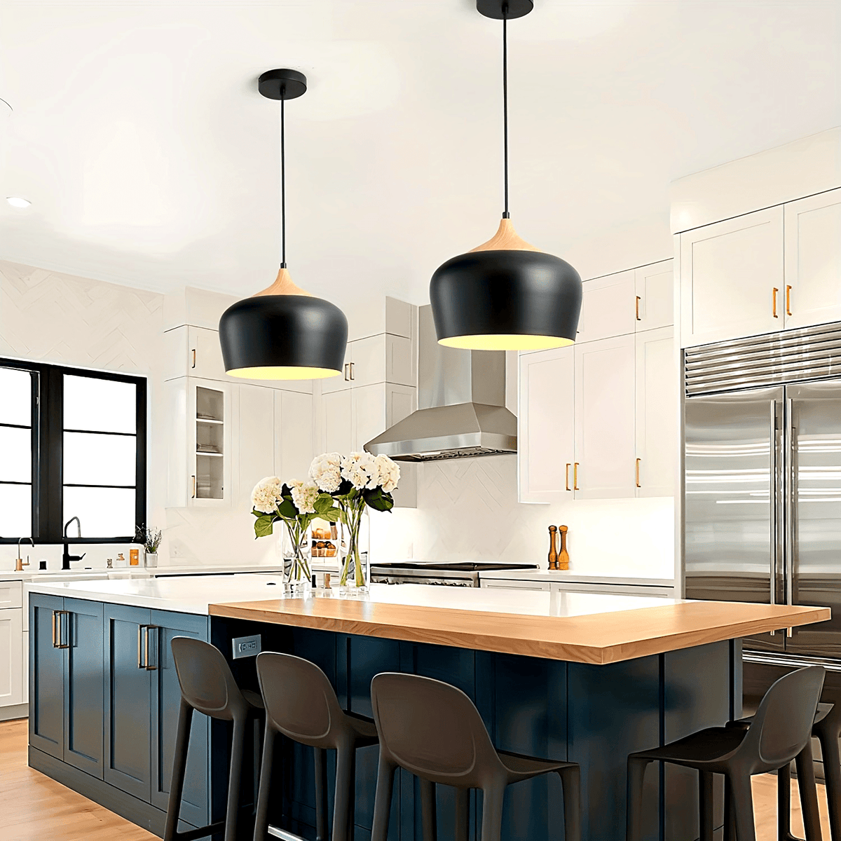 Modern Scandinavian Iron & Wood Grain Pendant Light – Matte Metal Dome Hanging Lamp for Kitchen Island, Dining & Living Room