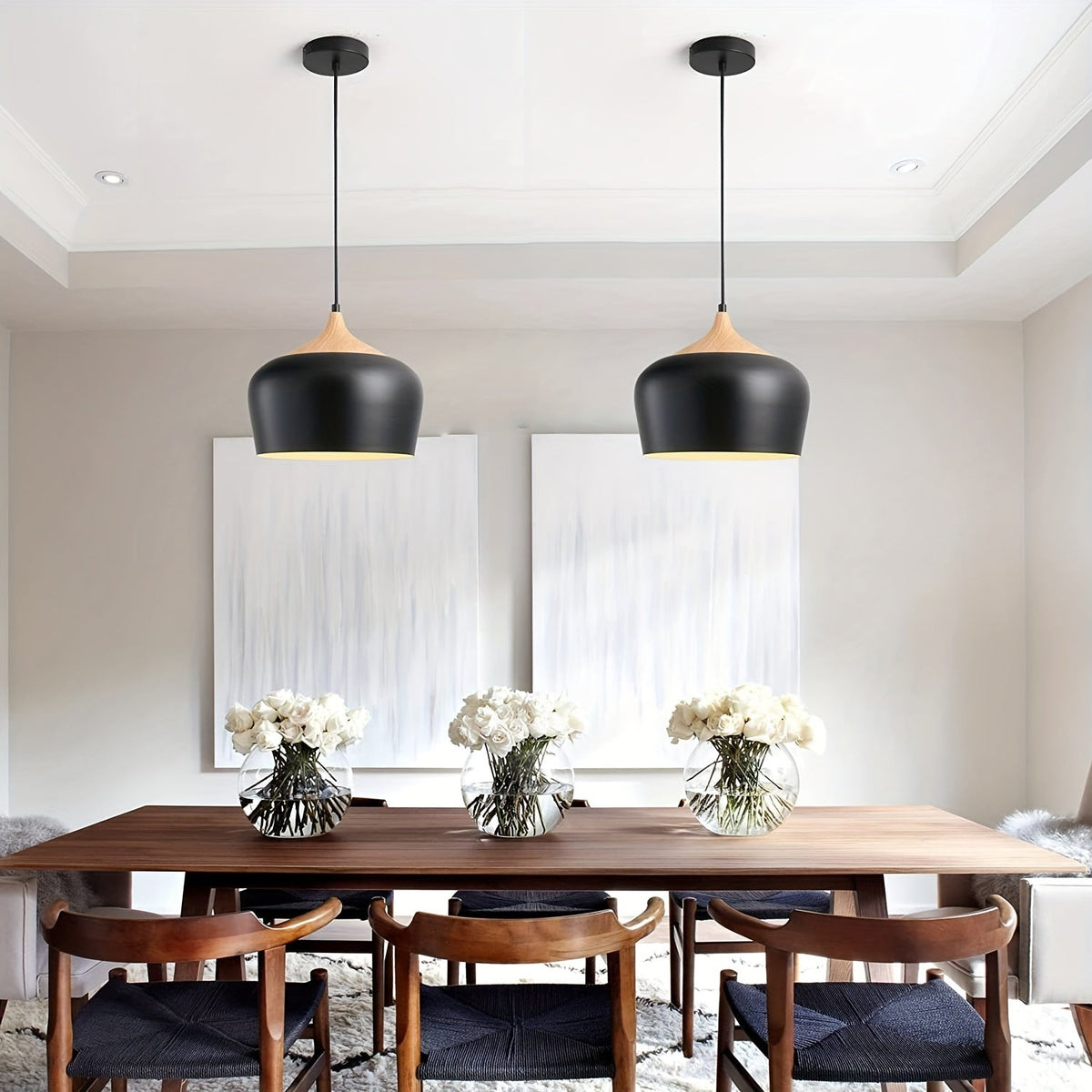Modern Scandinavian Iron & Wood Grain Pendant Light – Matte Metal Dome Hanging Lamp for Kitchen Island, Dining & Living Room