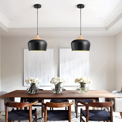 Modern Scandinavian Iron & Wood Grain Pendant Light – Matte Metal Dome Hanging Lamp for Kitchen Island, Dining & Living Room