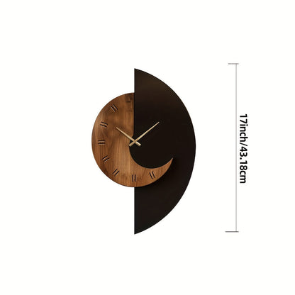 Modern Half-Moon Wooden Wall Clock – Silent Battery Operated Natural Wood & Black Clock, 17 to 22 Inch Statement Decor
