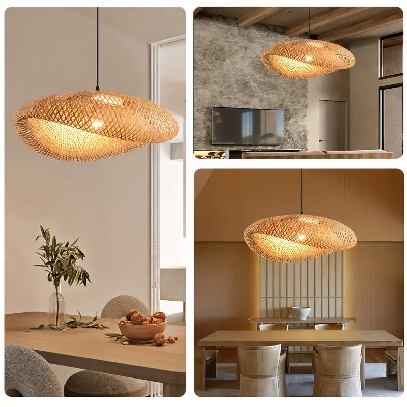 BambooBoho Large Handwoven Rattan Pendant Lampshade – 24 Inch Natural Woven Bamboo Hanging Light for Dining & Kitchen Island