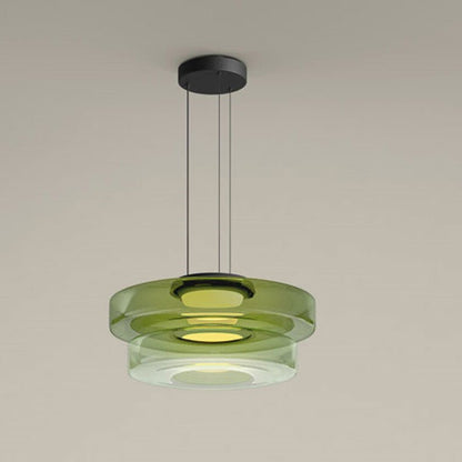 Bauhaus Layered Glass LED Pendant Light – 12W Warm White Tiered Hanging Fixture in Amber, Green or Smoke Grey, 6 Sizes