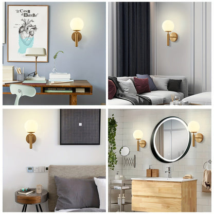 Modern Frosted Ivory Glass Globe Wall Sconce – Polished Metal Bedroom & Vanity Wall Light in Black or Gold