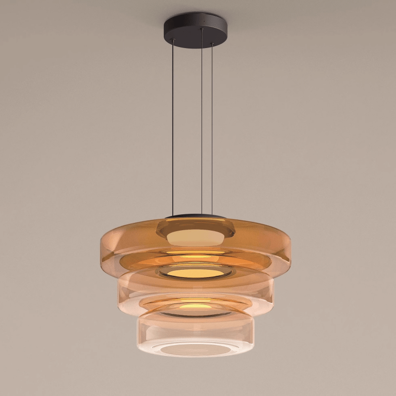 Bauhaus Layered Glass LED Pendant Light – 12W Warm White Tiered Hanging Fixture in Amber, Green or Smoke Grey, 6 Sizes
