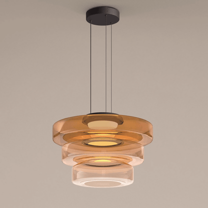 Bauhaus Layered Glass LED Pendant Light – 12W Warm White Tiered Hanging Fixture in Amber, Green or Smoke Grey, 6 Sizes