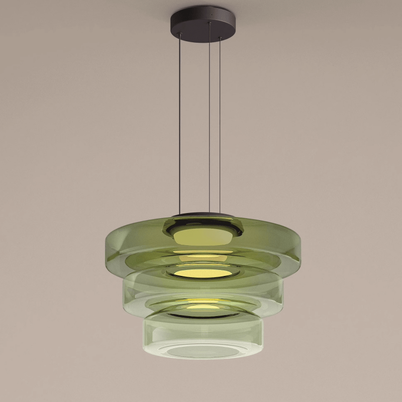 Bauhaus Layered Glass LED Pendant Light – 12W Warm White Tiered Hanging Fixture in Amber, Green or Smoke Grey, 6 Sizes