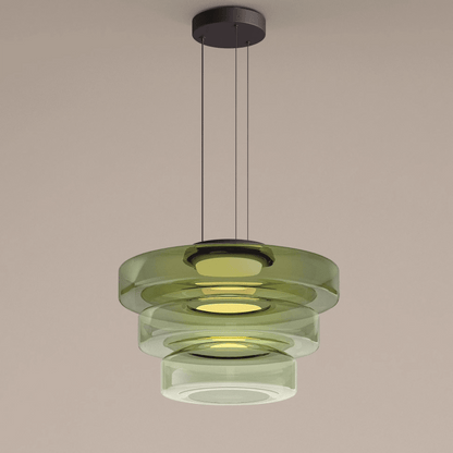 Bauhaus Layered Glass LED Pendant Light – 12W Warm White Tiered Hanging Fixture in Amber, Green or Smoke Grey, 6 Sizes