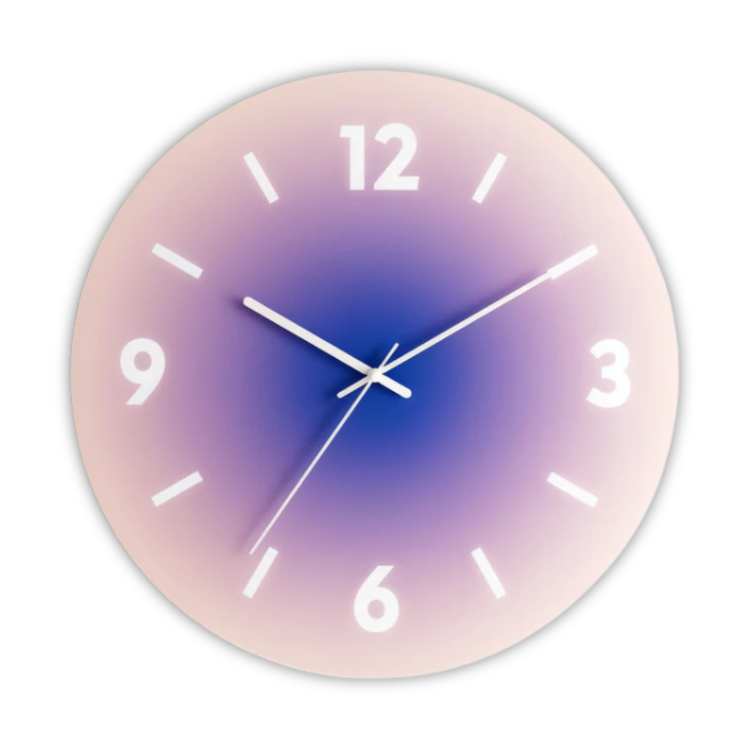 Sunset Gradient Glass Wall Clock – Silent Modern Tempered Glass Clock in Orange, Blue or Purple, With or Without Numbers
