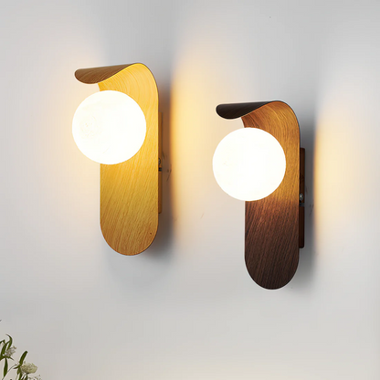 Icar Scandinavian LED Wall Lamp – Curved Wood & Frosted Glass Globe Wall Sconce, G9 Warm Light in Natural Wood or Walnut