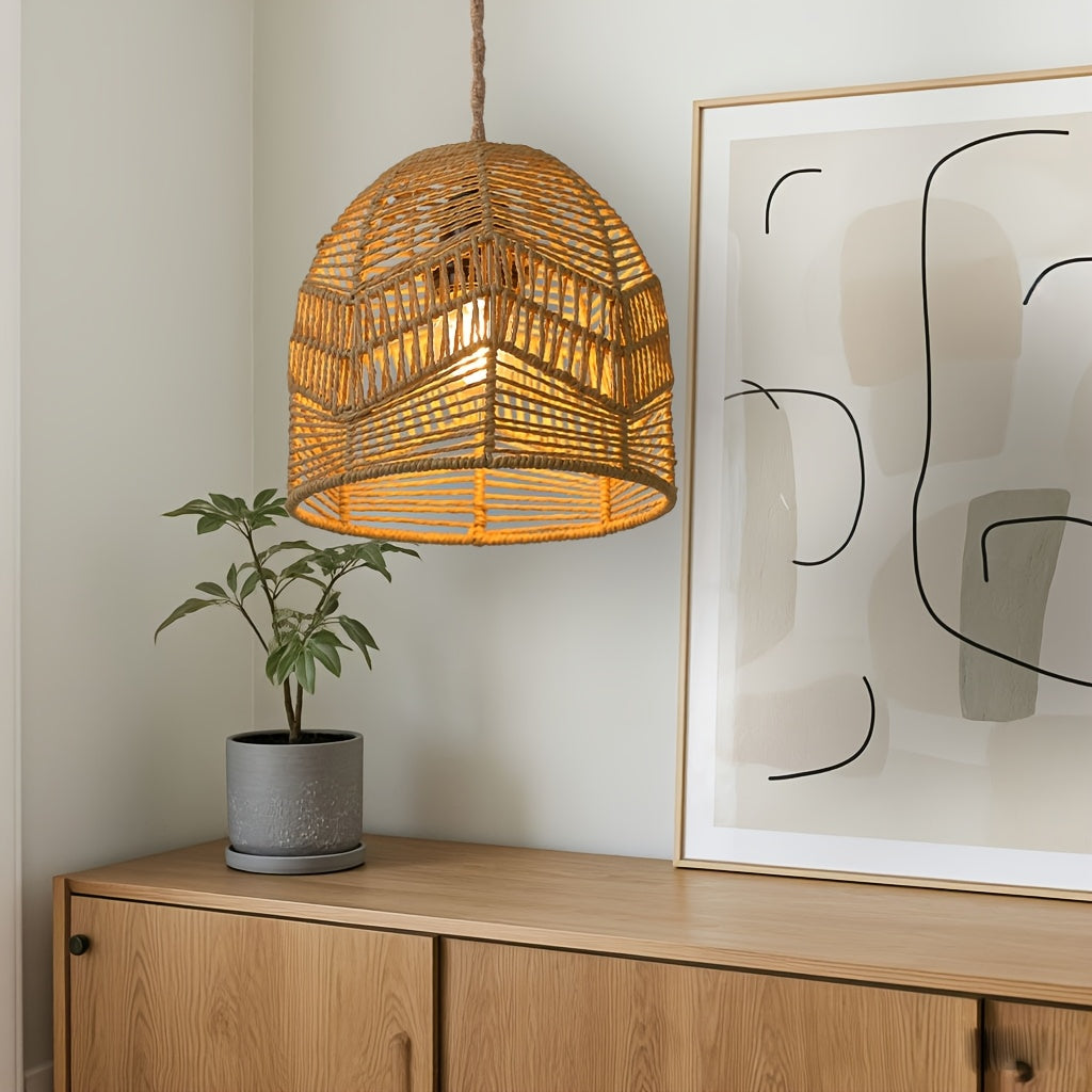 Handwoven Rope Dome Pendant Light Shade – Rustic Farmhouse Coastal Woven Lampshade Chandelier in White, Brown or Black