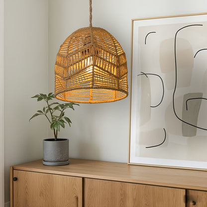 Handwoven Rope Dome Pendant Light Shade – Rustic Farmhouse Coastal Woven Lampshade Chandelier in White, Brown or Black
