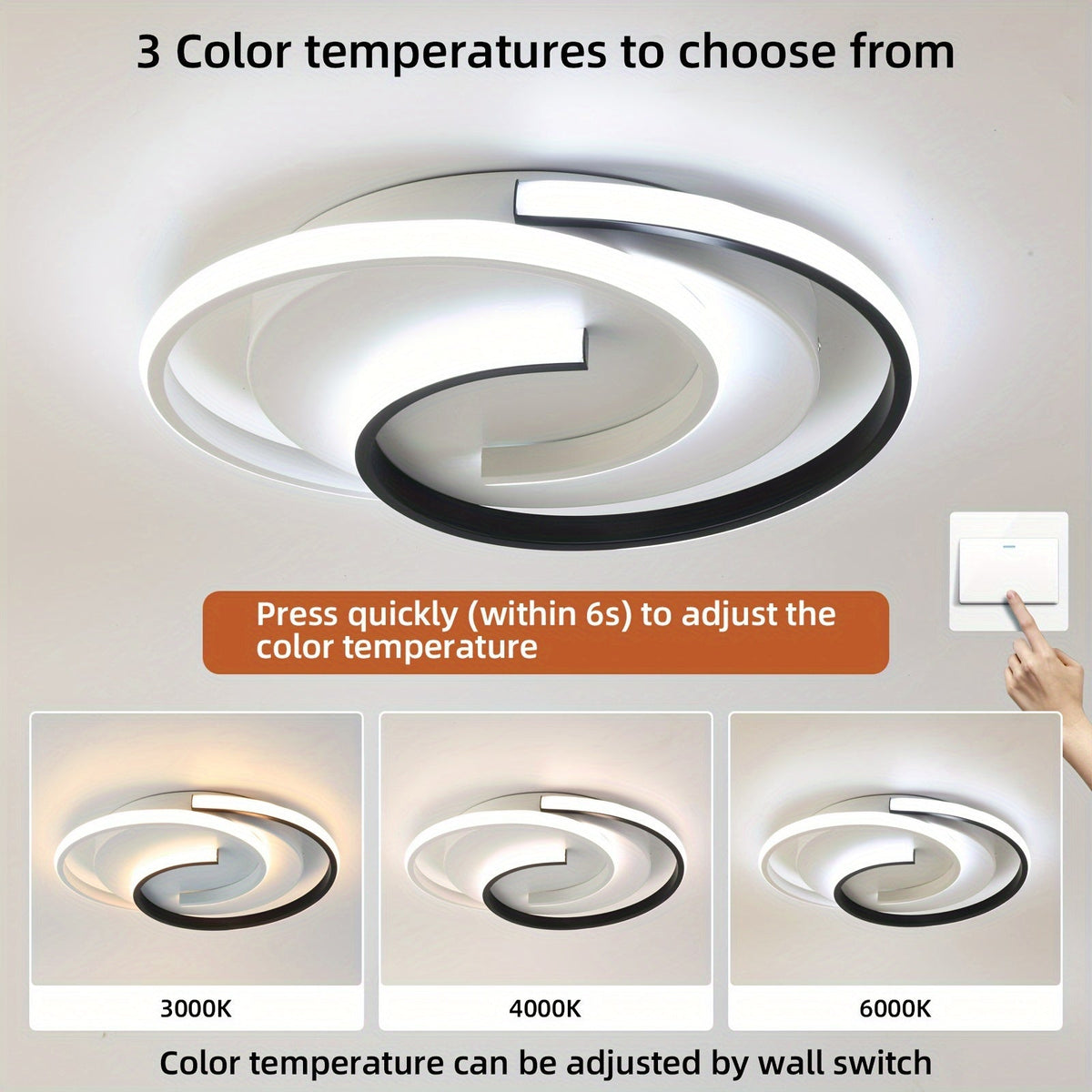 Modern Spiral LED Ceiling Light – Minimalist Round Flush Mount with 3000K, 4000K or 6000K Adjustable Light Color