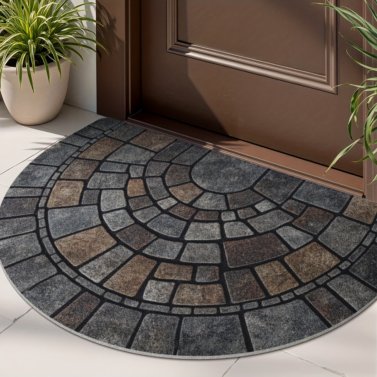 Half-Circle Mosaic Door Mat – Non-Slip Semi-Round Indoor Outdoor Entryway Rug, 100% Polyester, 45x75 or 60x90 cm