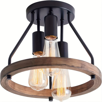 Industrial Wood Ring 3-Light Ceiling Fixture – Rustic Black Metal Semi-Flush Mount Light for Kitchen, Dining & Living Room
