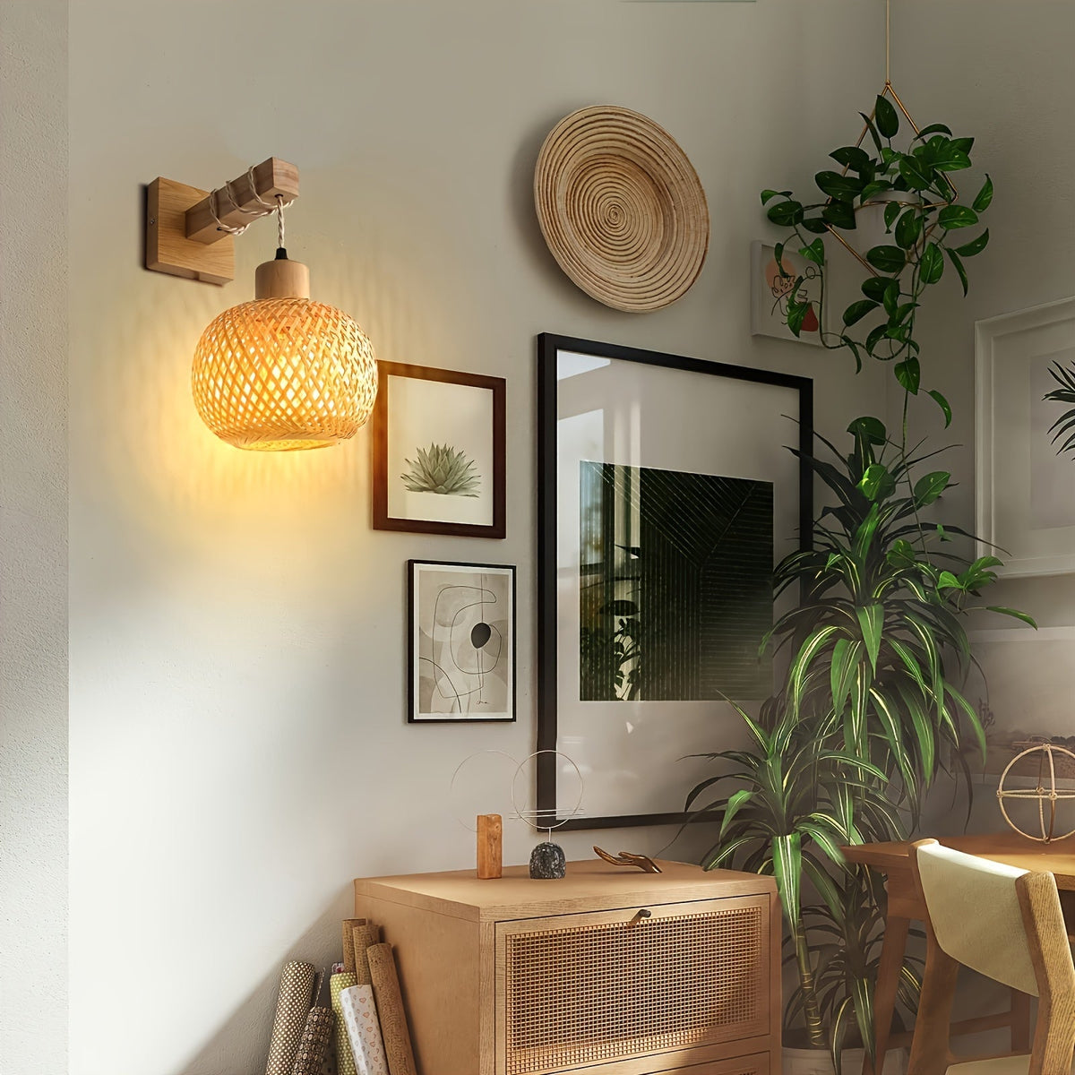 Rustic Handwoven Rattan & Solid Wood Wall Sconce – Natural Boho Wall Light Fixture for Bedroom, Hallway & Dining Room