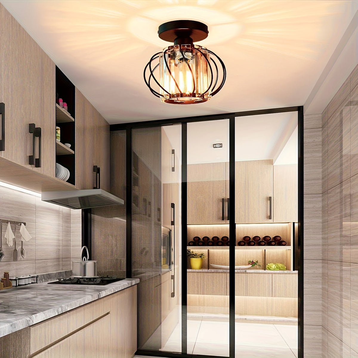 Modern Industrial Glass Cage Ceiling Light Set of 2 – Clear Glass Semi-Flush Mount in Black, Gold or Silver for Kitchen & Hallway