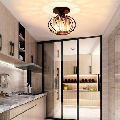 Modern Industrial Glass Cage Ceiling Light Set of 2 – Clear Glass Semi-Flush Mount in Black, Gold or Silver for Kitchen & Hallway