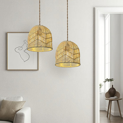 Handwoven Rope Dome Pendant Light Shade – Rustic Farmhouse Coastal Woven Lampshade Chandelier in White, Brown or Black
