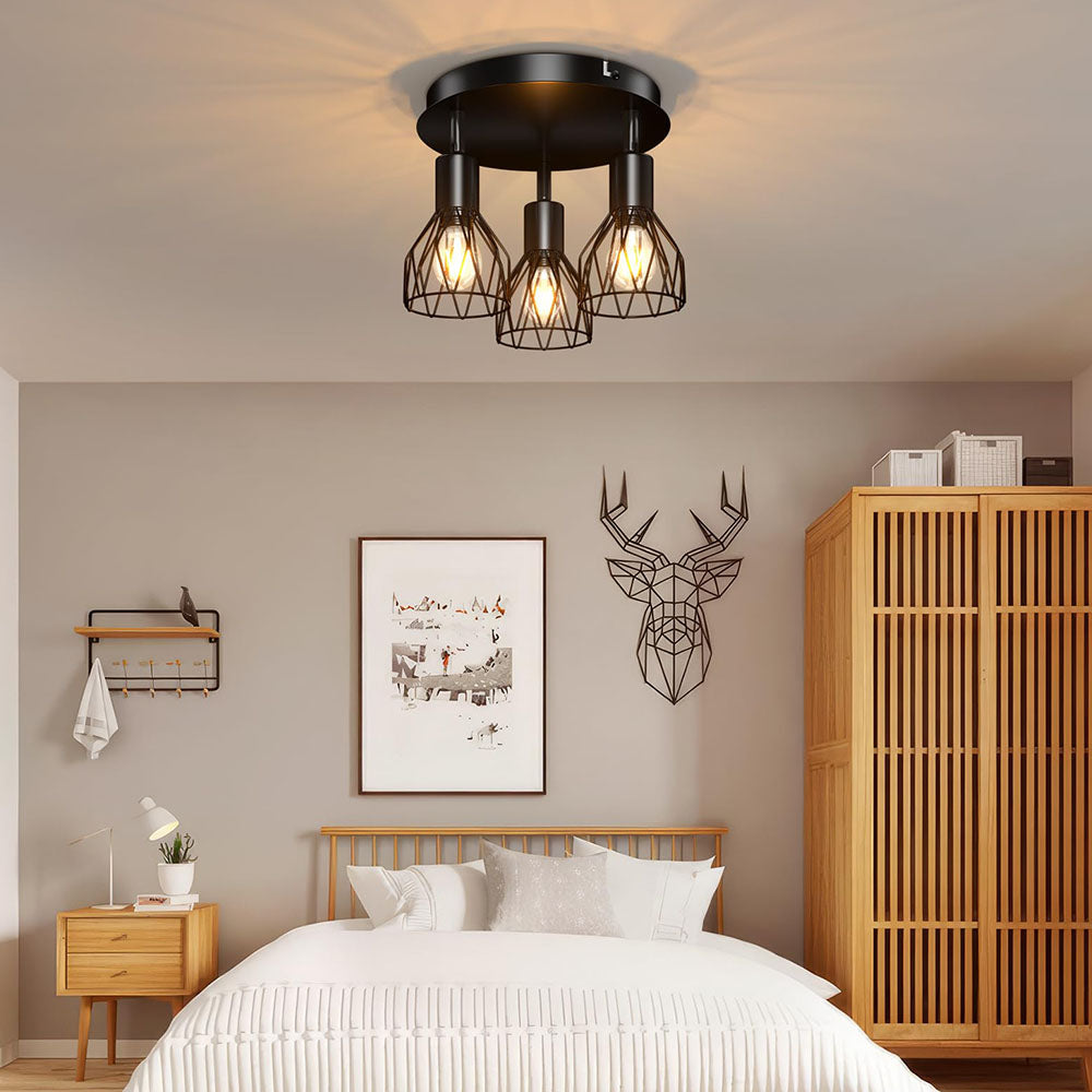 Industrial Adjustable Black Spotlight Ceiling Light – Vintage Geometric Wire Cage Fixture for Kitchen, Hallway & Bedroom