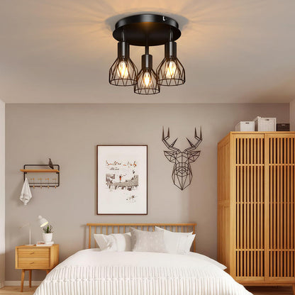 Industrial Adjustable Black Spotlight Ceiling Light – Vintage Geometric Wire Cage Fixture for Kitchen, Hallway & Bedroom