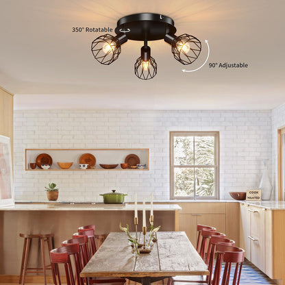 Industrial Adjustable Black Spotlight Ceiling Light – Vintage Geometric Wire Cage Fixture for Kitchen, Hallway & Bedroom