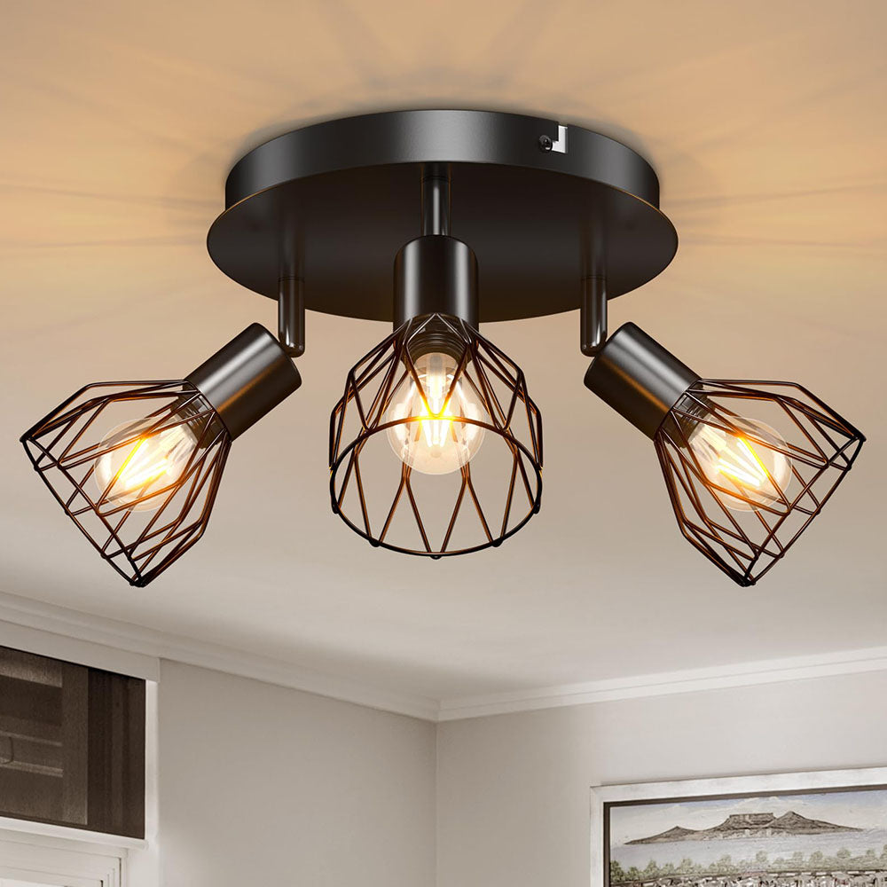 Industrial Adjustable Black Spotlight Ceiling Light – Vintage Geometric Wire Cage Fixture for Kitchen, Hallway & Bedroom