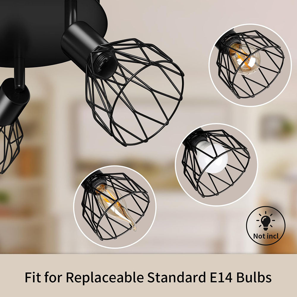 Industrial Adjustable Black Spotlight Ceiling Light – Vintage Geometric Wire Cage Fixture for Kitchen, Hallway & Bedroom