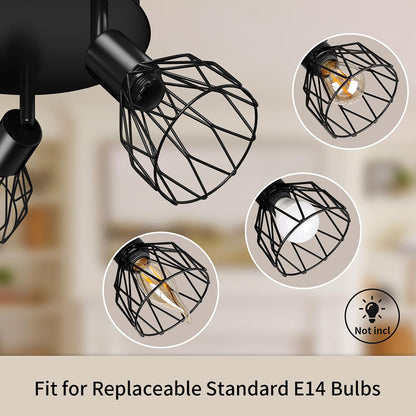 Industrial Adjustable Black Spotlight Ceiling Light – Vintage Geometric Wire Cage Fixture for Kitchen, Hallway & Bedroom