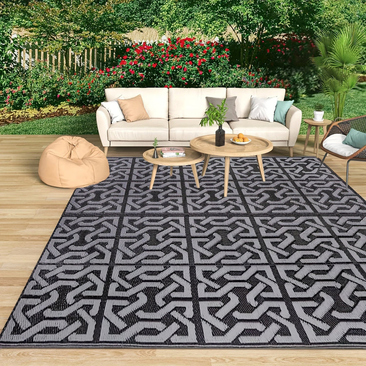Reversible Outdoor Rug – Modern Black & Grey Geometric Weather-Resistant Polypropylene Patio Mat, 3 Large Sizes