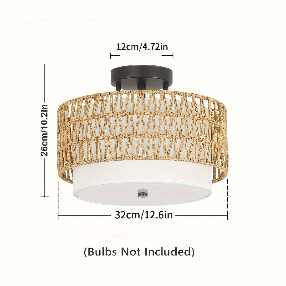 Boho Rattan Ceiling Light with Linen Diffuser – Coastal Semi-Flush Mount Fixture for Bedroom, Dining & Living Room